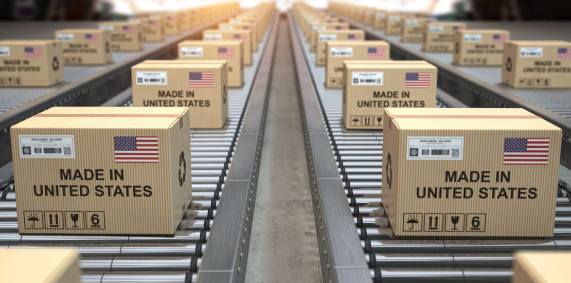 Cardboard boxes with text made in USA and american flag on the roller conveyor. 3d illustration