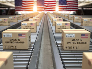 Cardboard boxes with text made in USA and american flag on the roller conveyor. 3d illustration