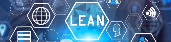 Unrecognizable businessman holding smartphone with double exposure of LEAN digital interface. Concept of project management and startup.